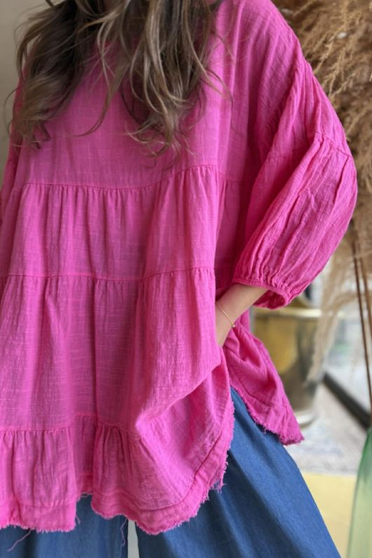 Driftwood Bell Sleeve Smock Top Hot Pink